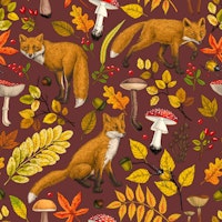 Autumn foxes on chocolate brown wallpaper