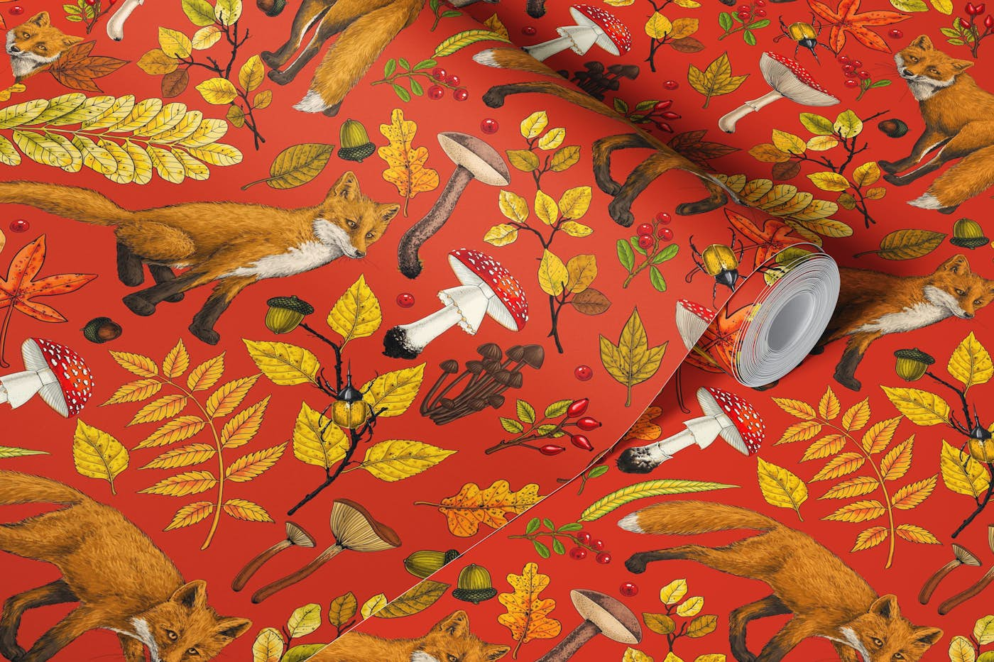 Autumn foxes on red wallpaper roll