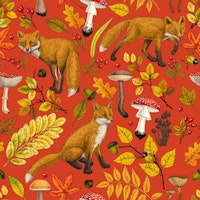 Autumn foxes on red wallpaper