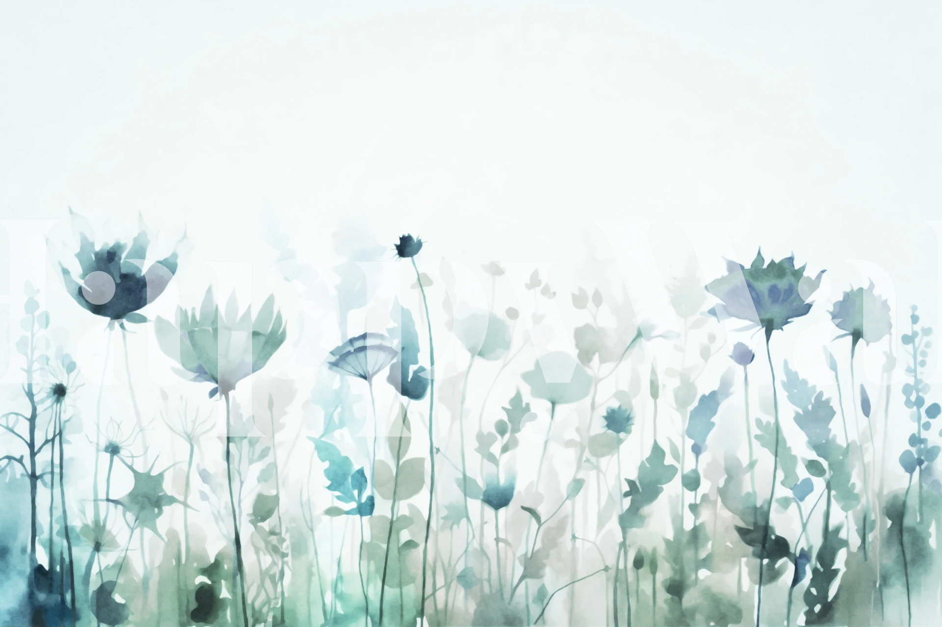 Mint green floral wall mural with a summer meadow theme