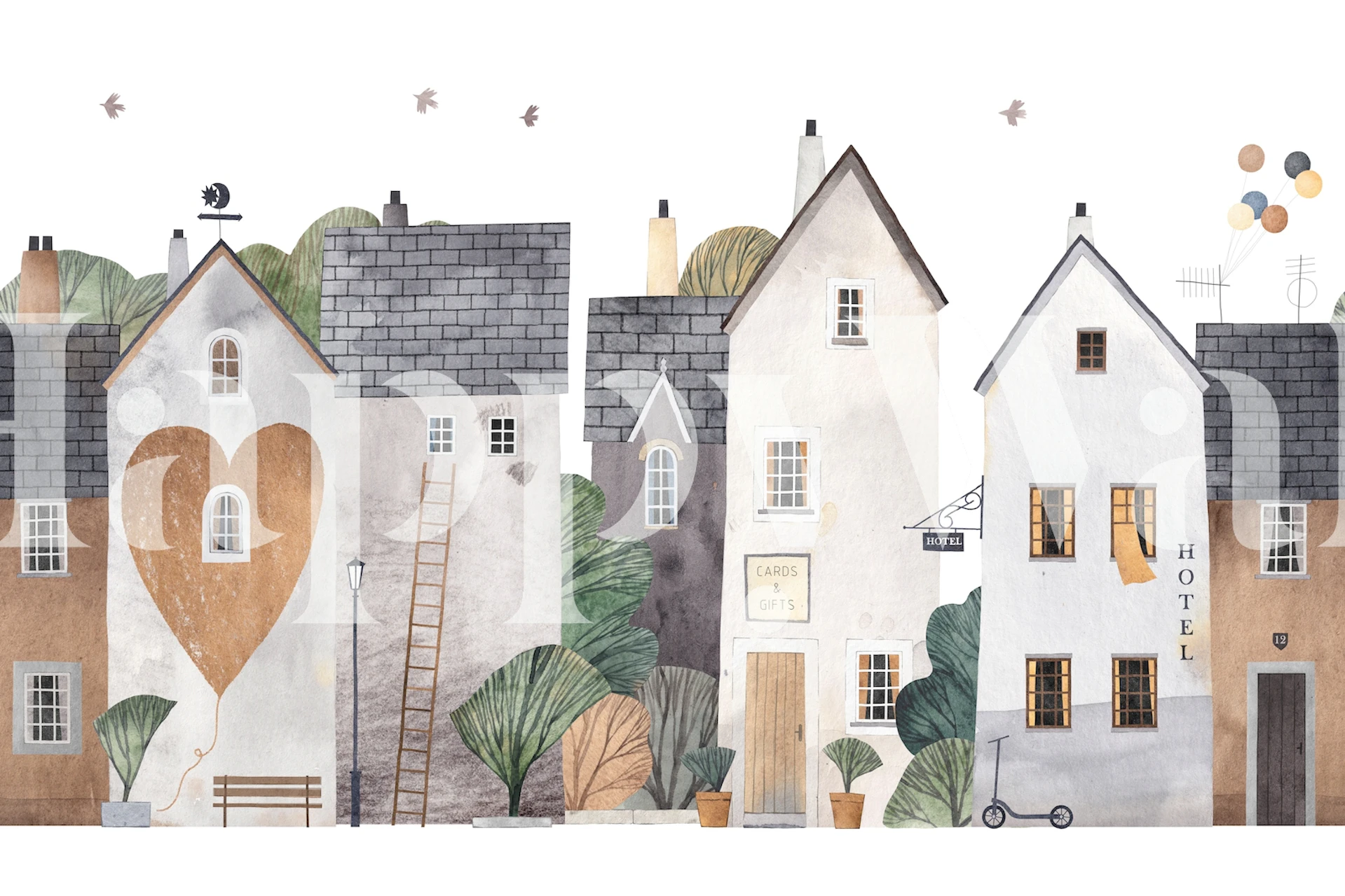 Cute town wallpaper featuring cozy cottages and trees