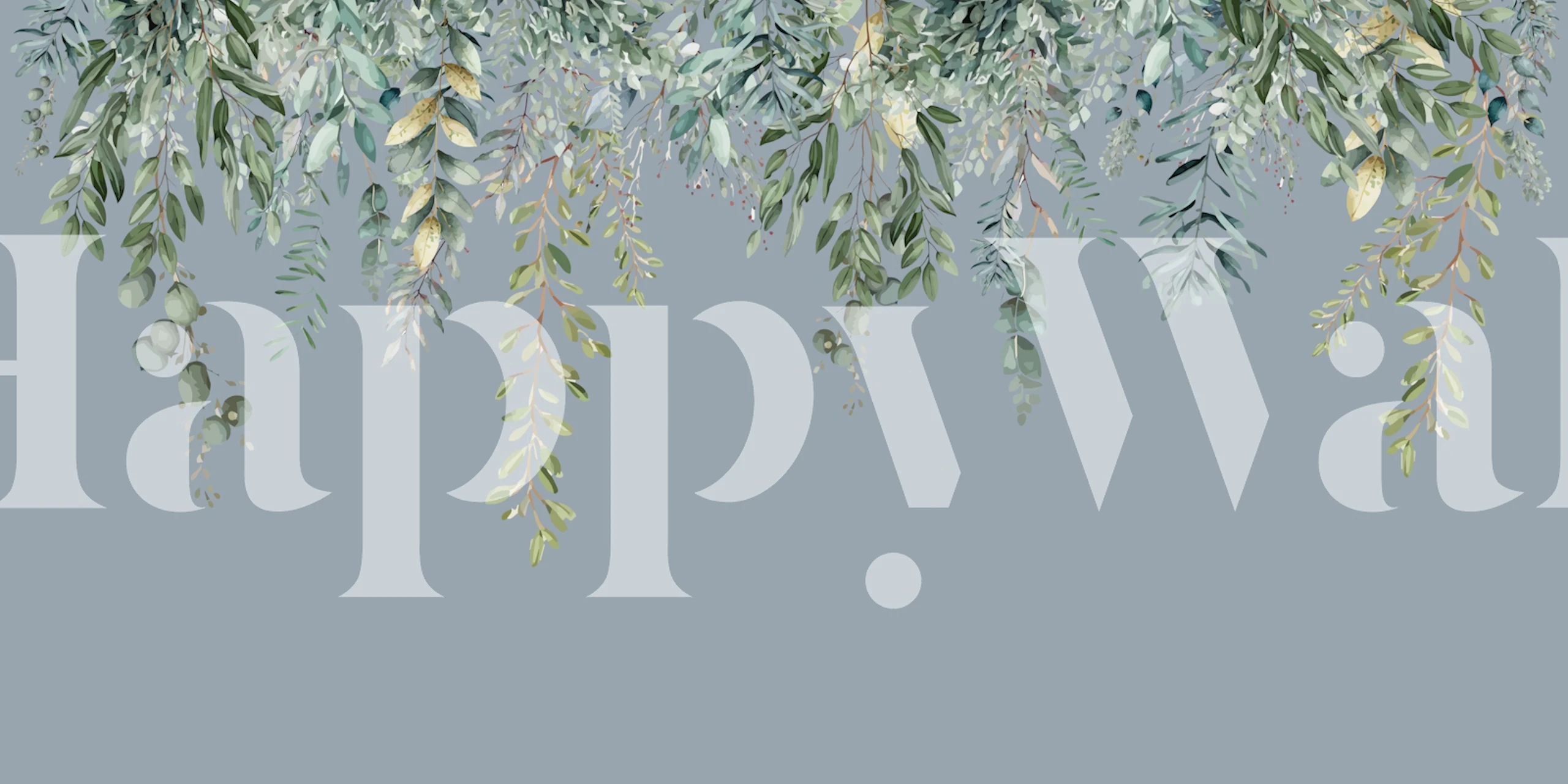 Blue floral arrangements wallpaper with leafy patterns and light blue background.