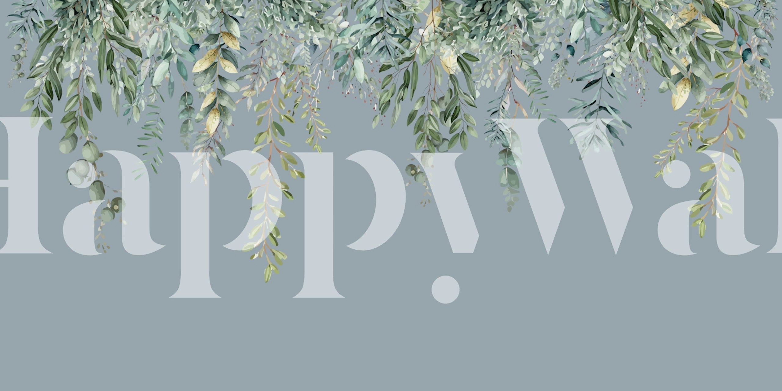 Blue floral arrangements wallpaper with leafy patterns and light blue background.