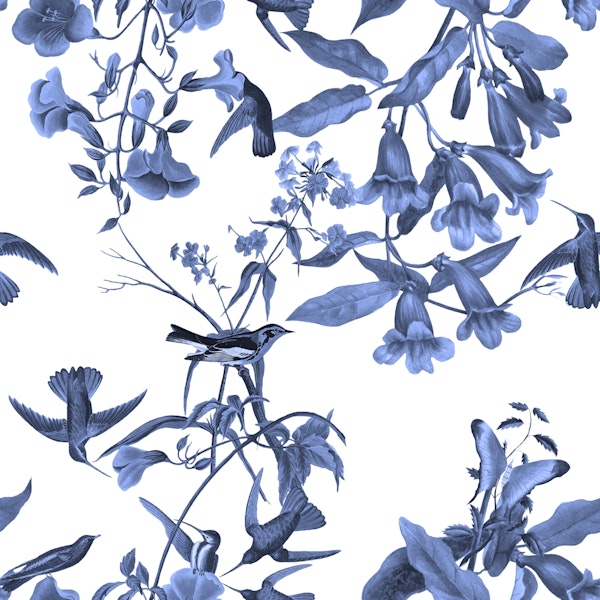 Blue Hummingbirds and Flowers