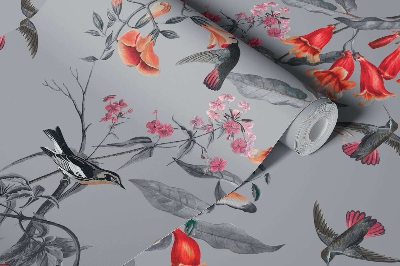 Hummingbirds and Flowers Grey Background wallpaper roll