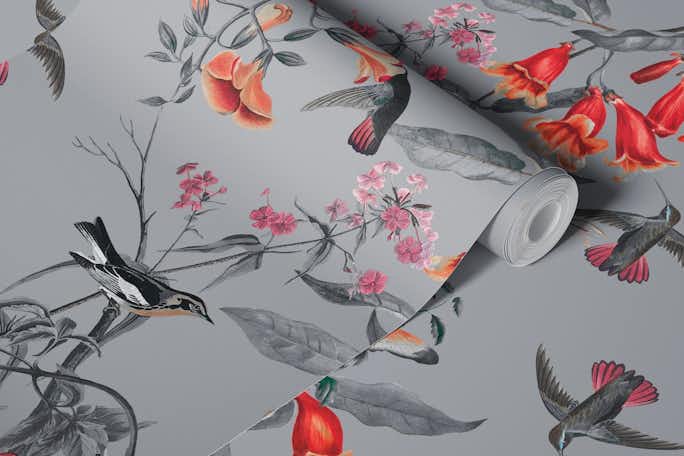 Hummingbirds and Flowers Grey Backgroundwallpaper roll