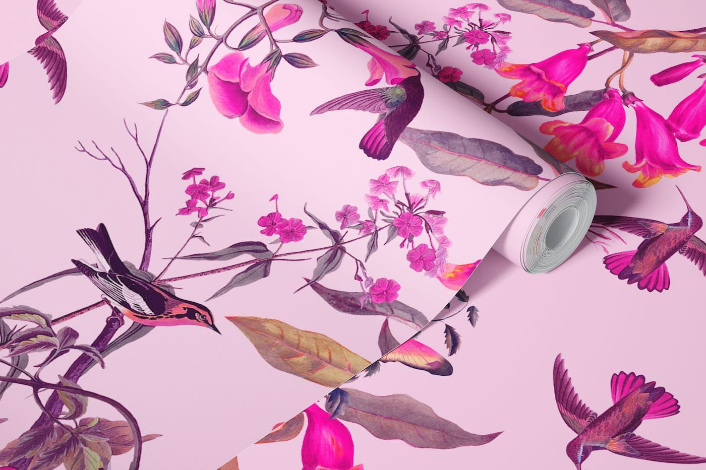 Pink Hummingbirds and Flowers wallpaper roll