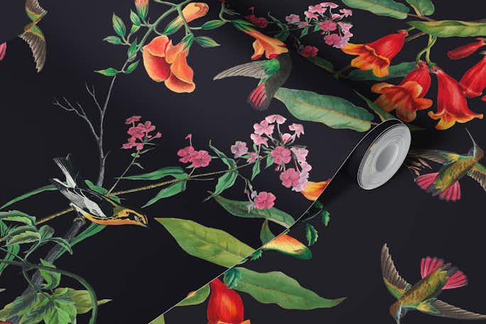 Hummingbirds and Flowers Black Backgroundwallpaper roll