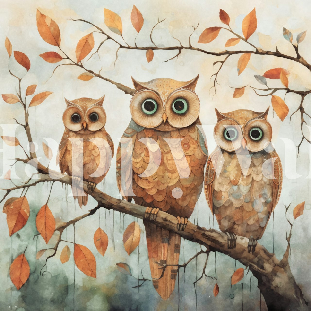 Three owls on a branch surrounded by autumn leaves wallpaper