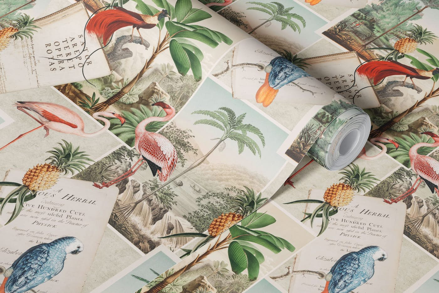 Vintage Botanical Collage With Palm, Birds And Book wallpaper roll