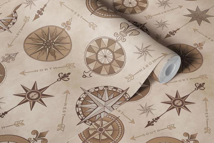 Explore The World Vintage Compass Pattern Beigewallpaper roll