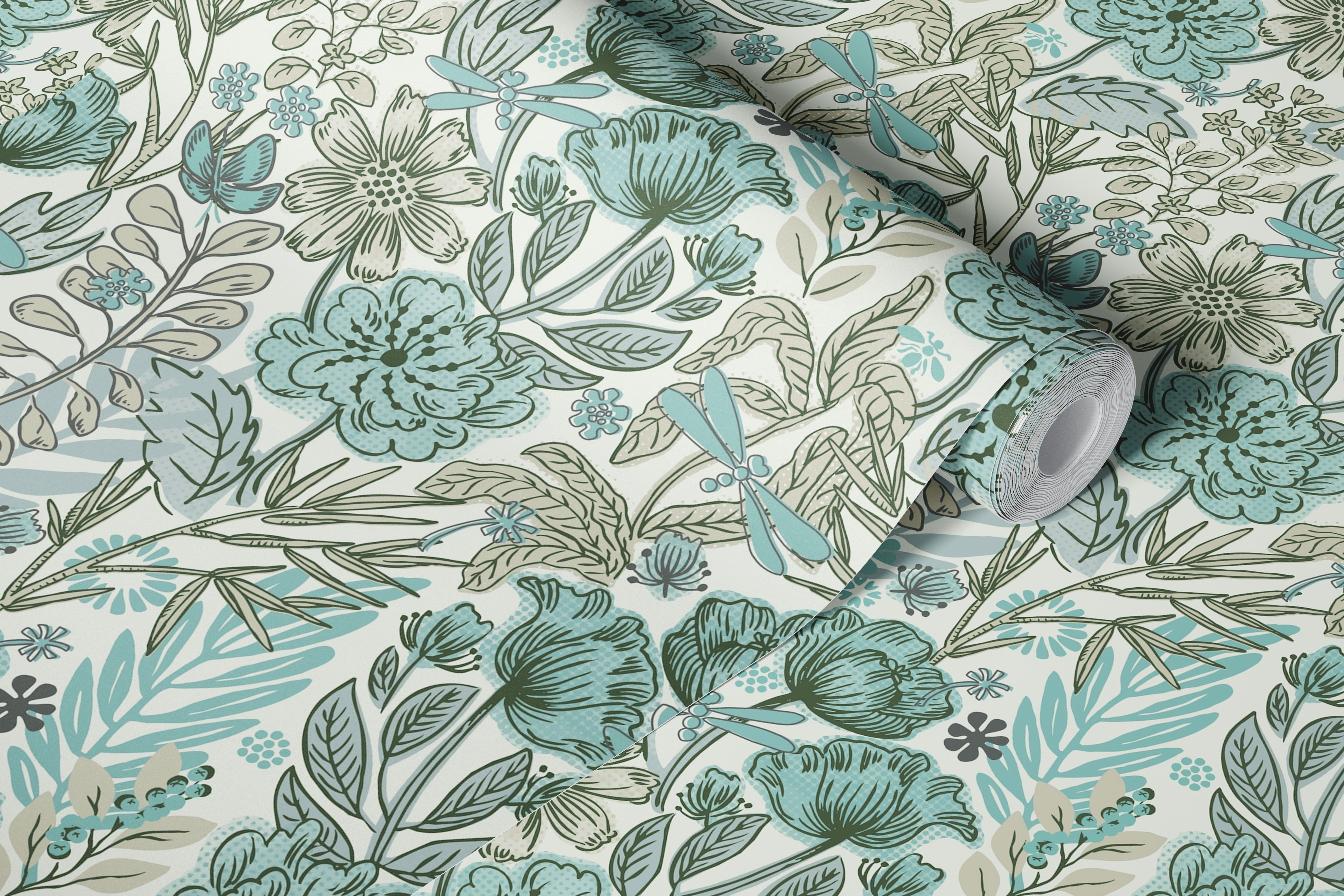 Boho floral wildflowers in grey and blue design wallpaper