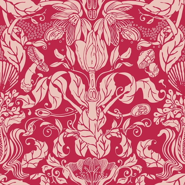 Botanical damask and shell red magenta