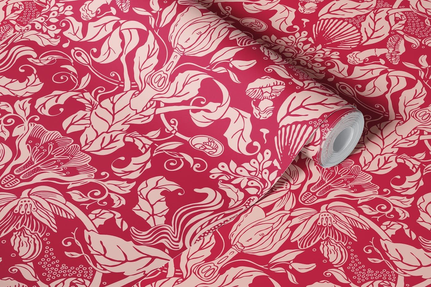 Botanical damask and shell red magenta wallpaper roll