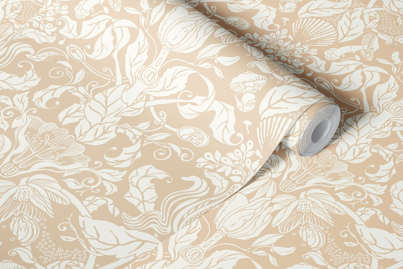 Botanical damask ans shell natural sand wallpaper roll