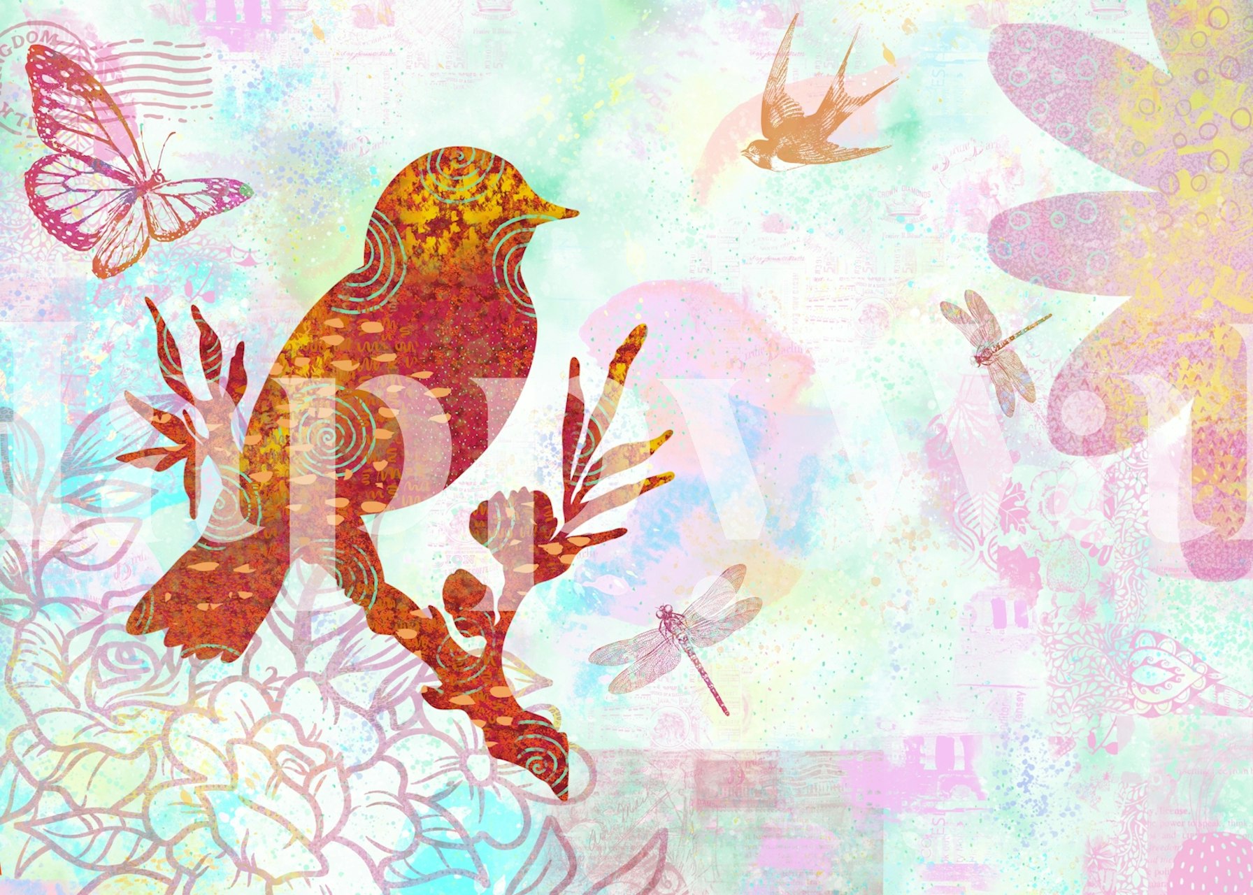 Artystyczna fototapeta przedstawiająca stylizowanego ptaka w kolorowym tajemniczym ogrodzie z motylami i kwiatami