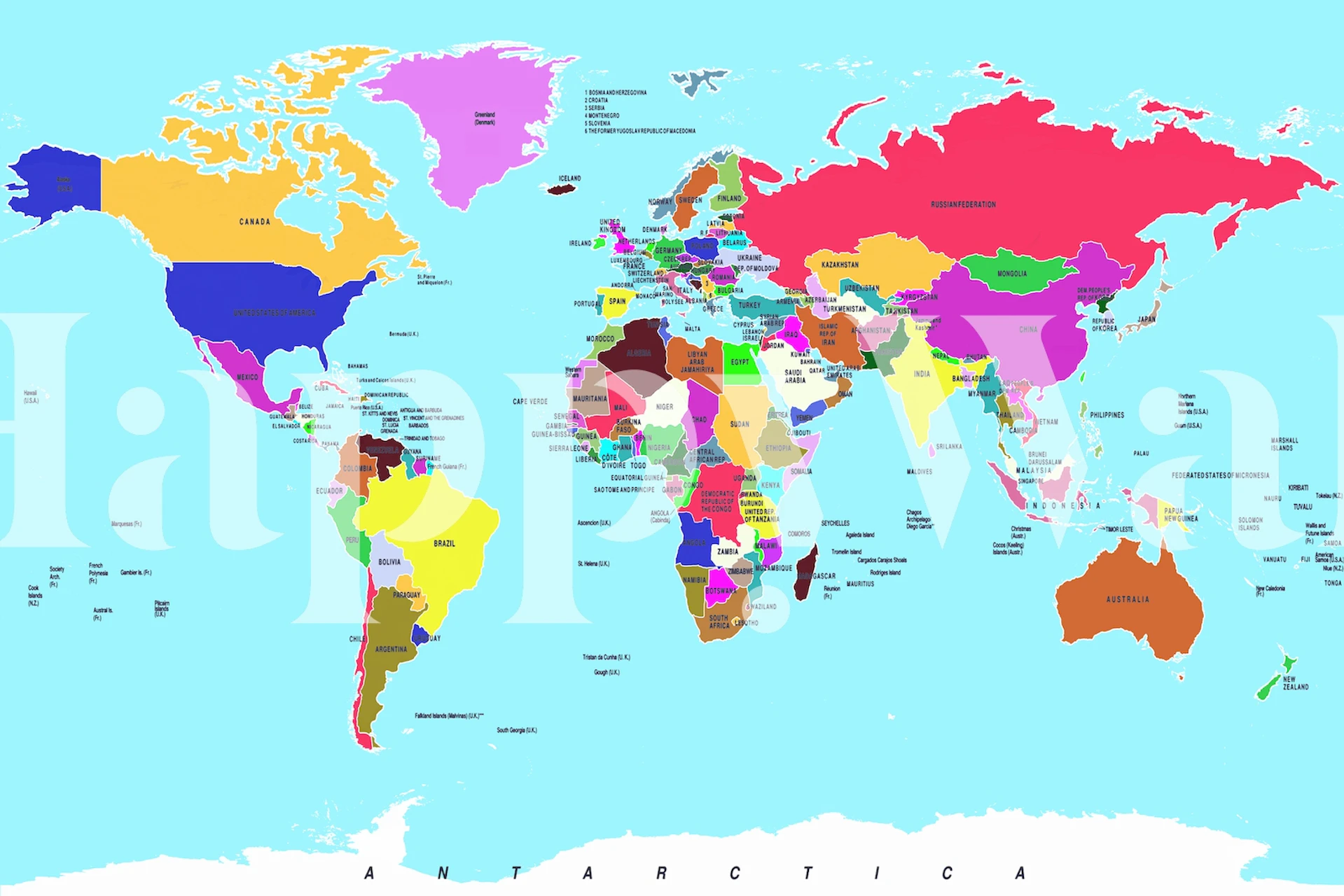 Colorful world map wall mural with countries labeled in a variety of distinct colors