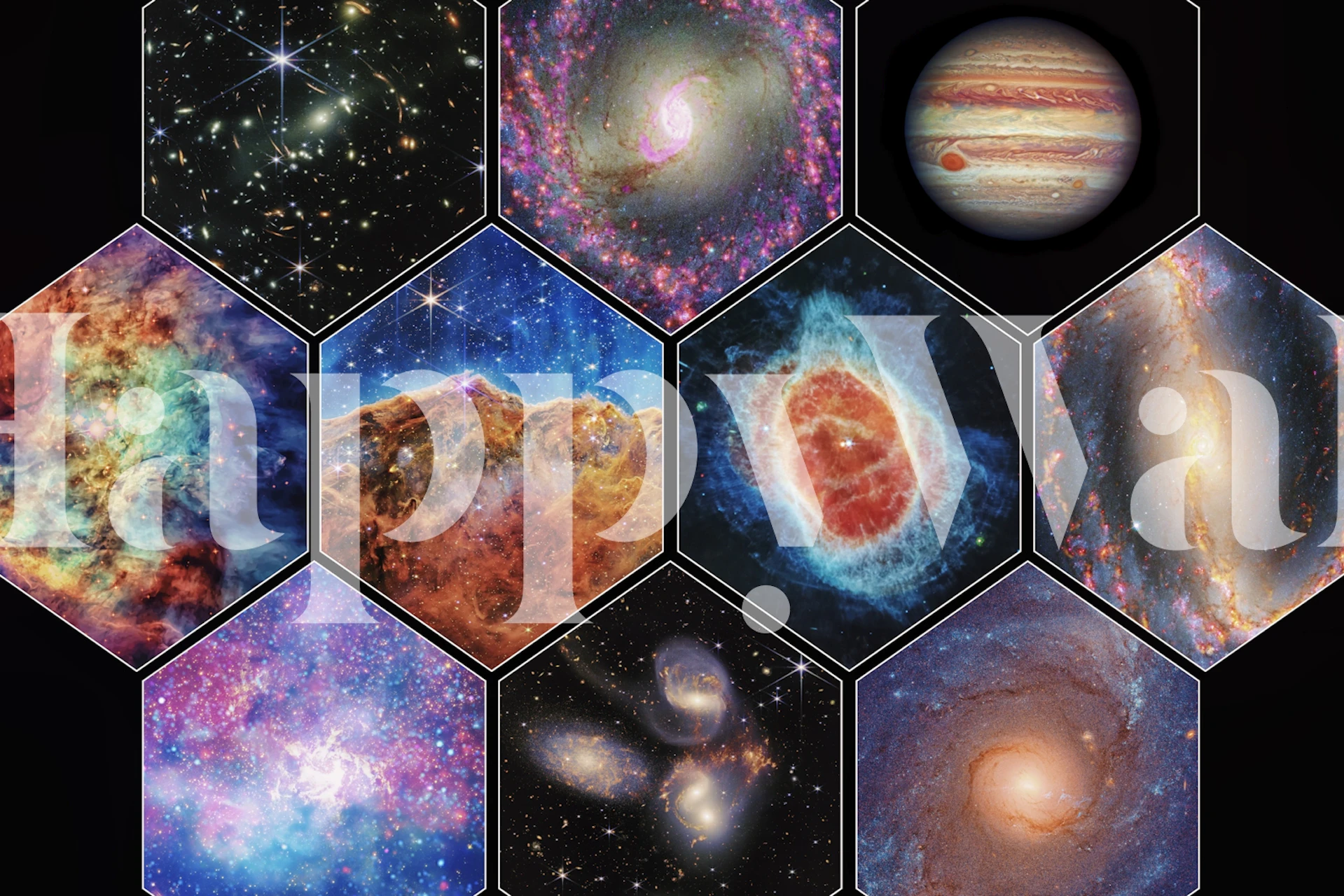 Space-Art tapet med ett geometriskt bikakemönster med galaxer, nebulosor, stjärnor och planeter.