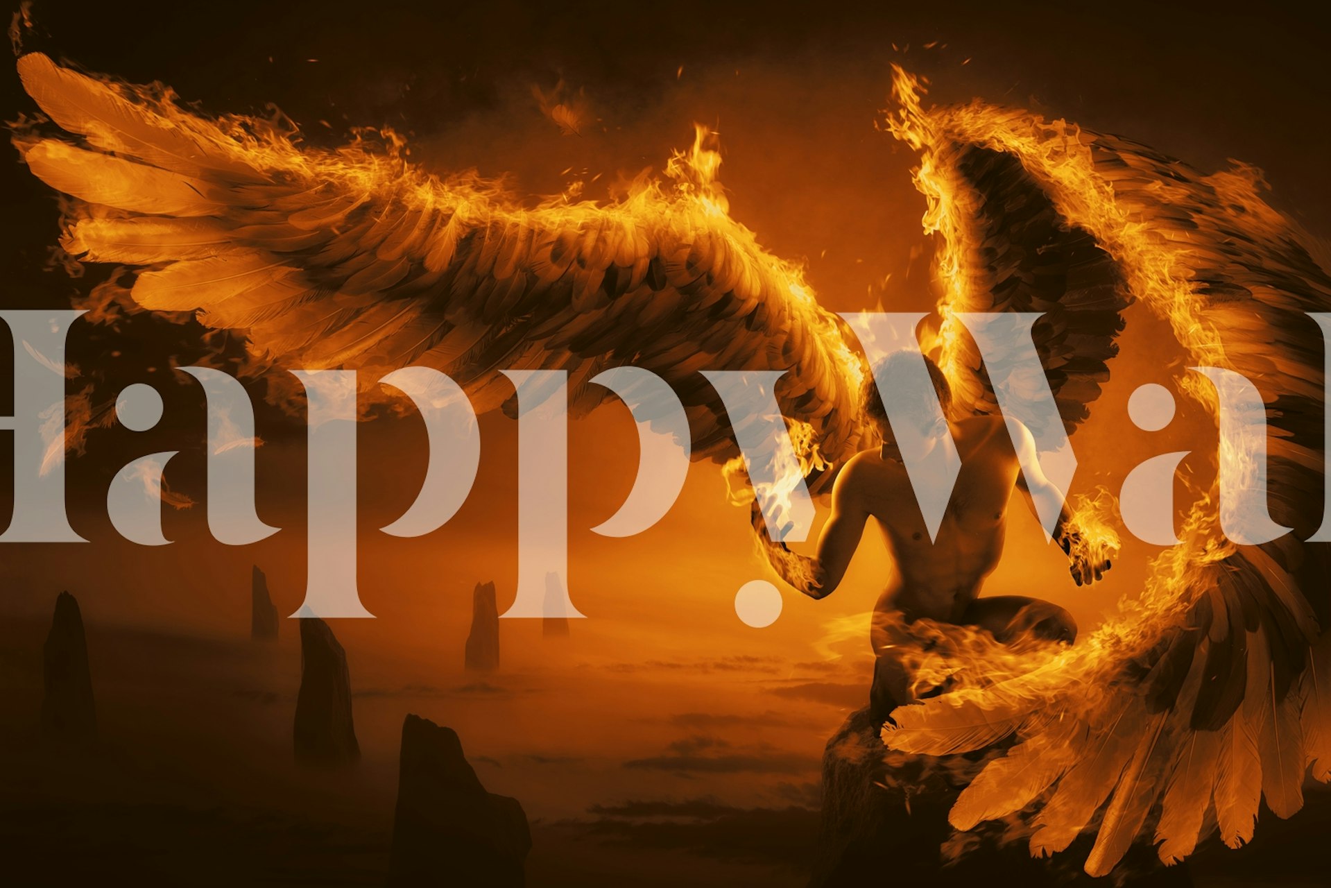 Fiery winged figure with flames, orange and black tones, fantasy wallpaper
