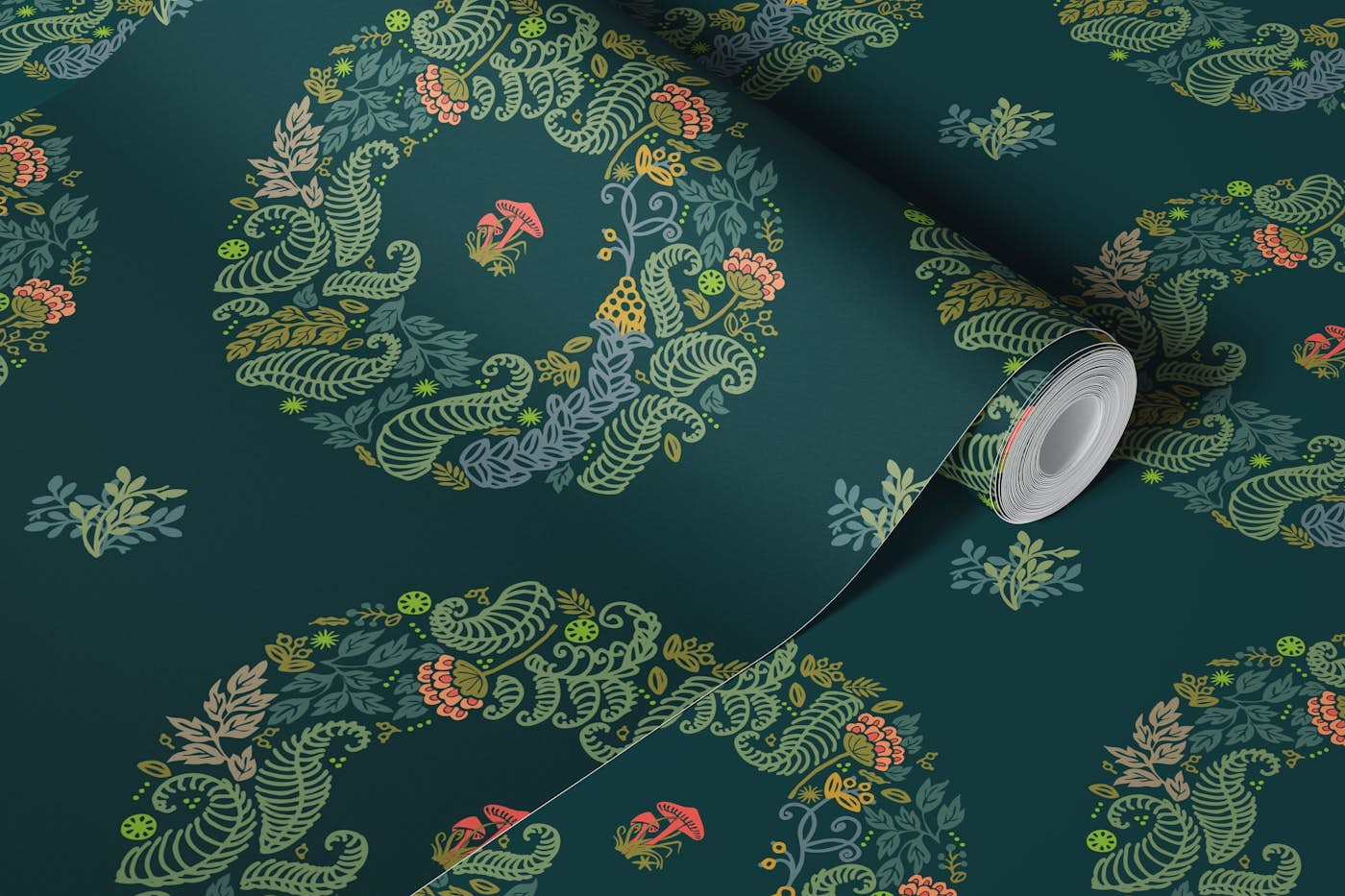 Botanical medallion green moss wallpaper roll