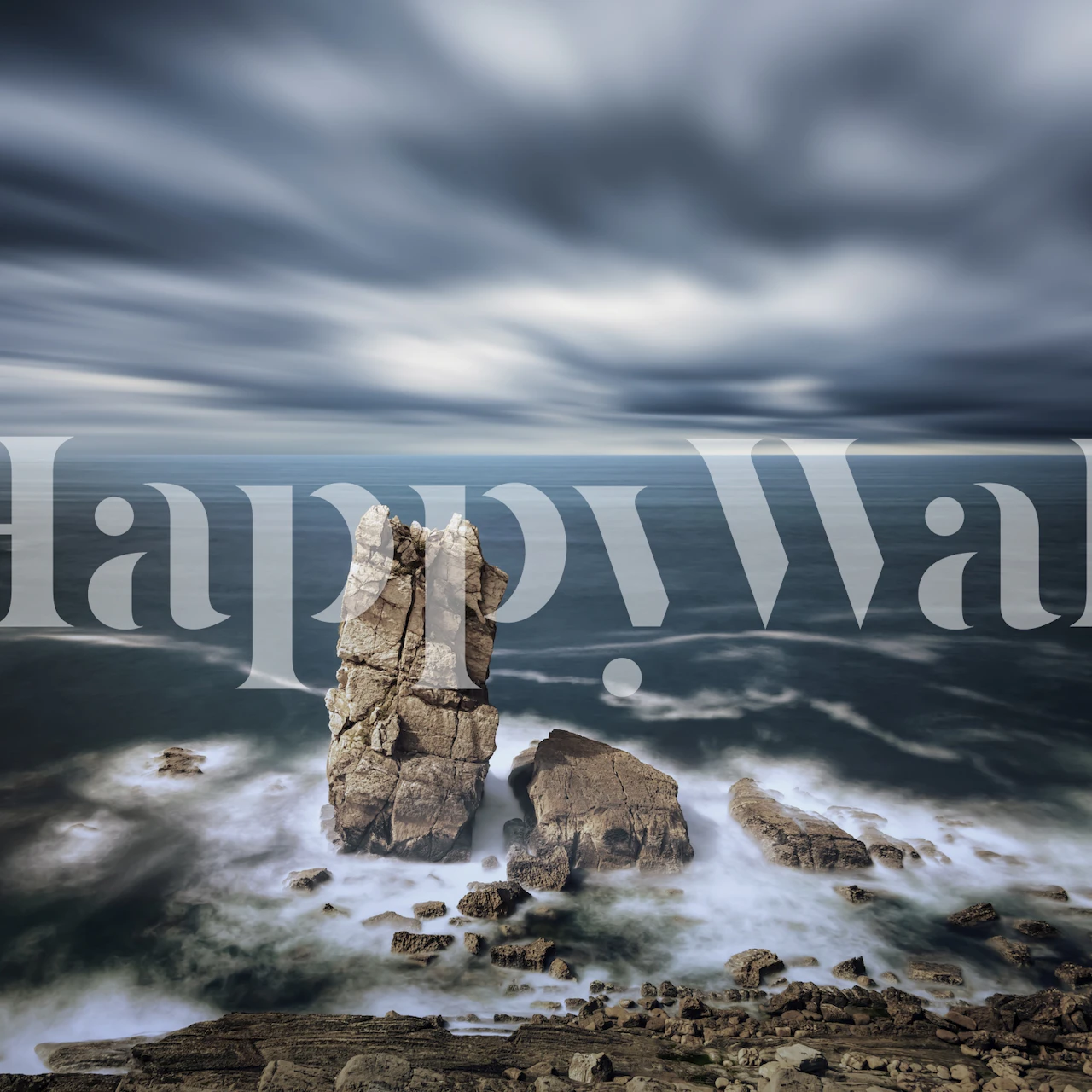 Dramaattinen merimaisema kalliomuodostelman kanssa Espanjassa, seinämaalaus