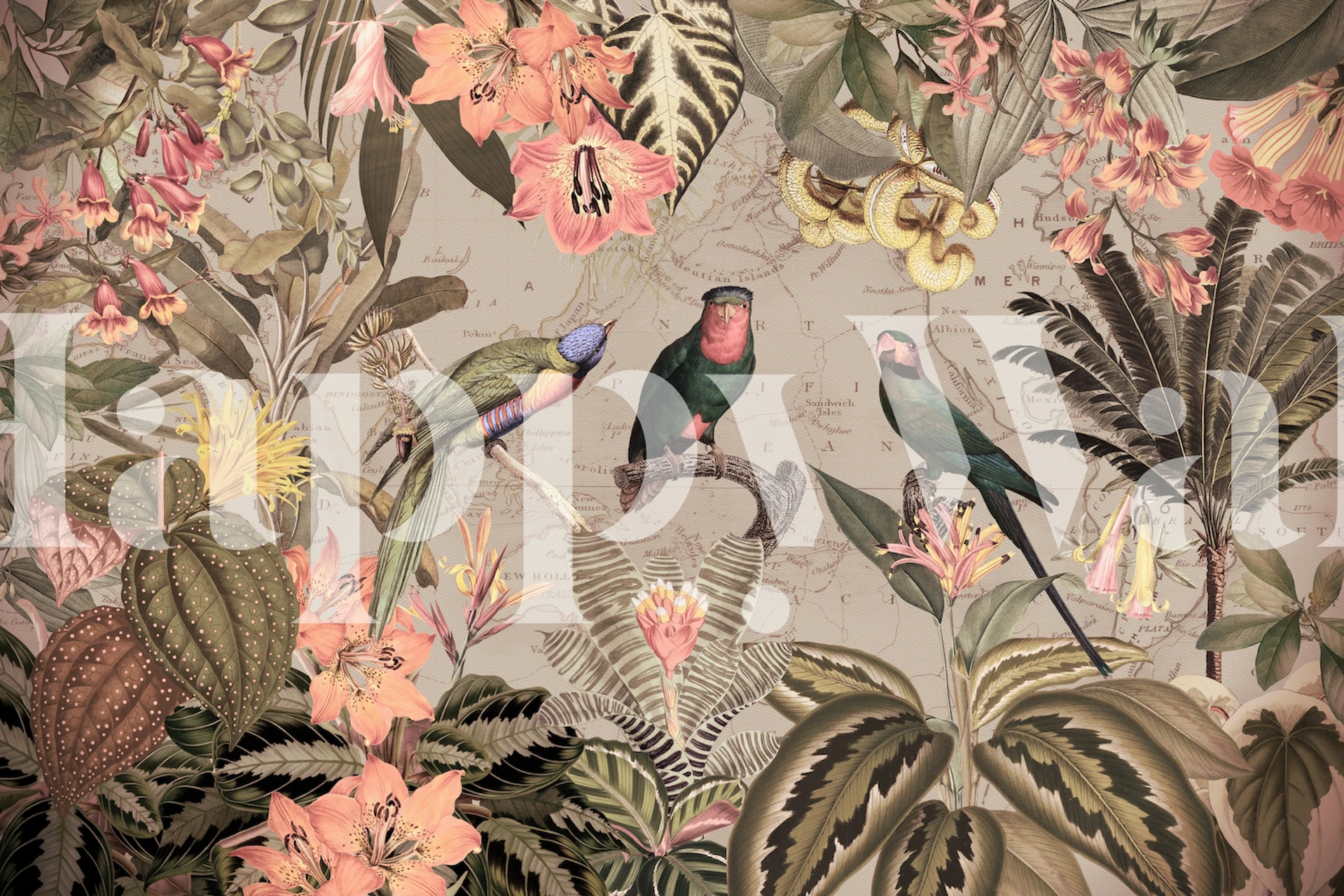 Exotic sepia parrots among tropical flowers and green leaves wallpaper