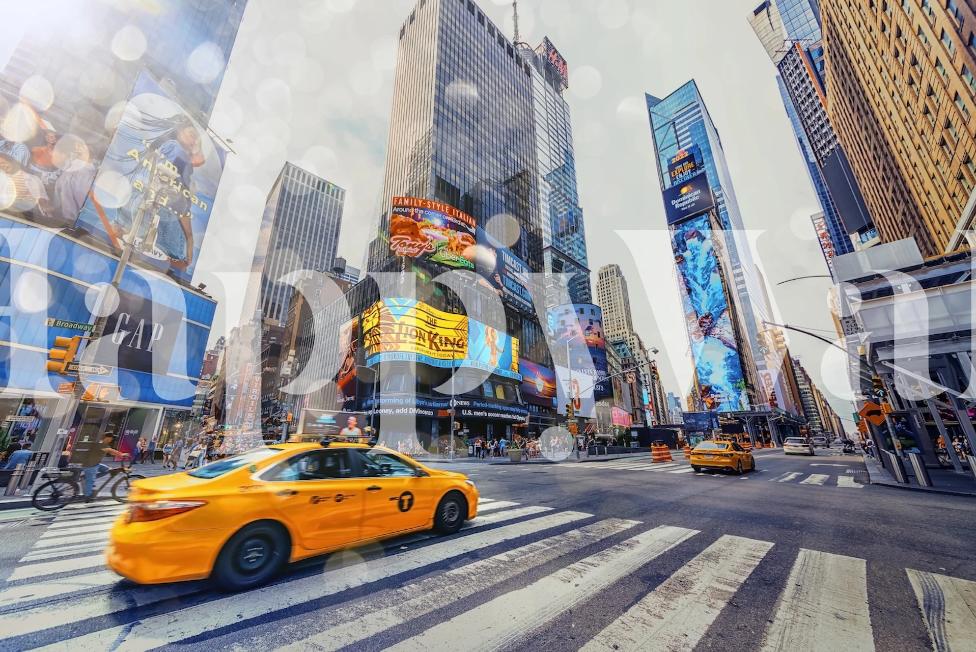 New York City street scene with yellow cab and skyscrapers wallpaper