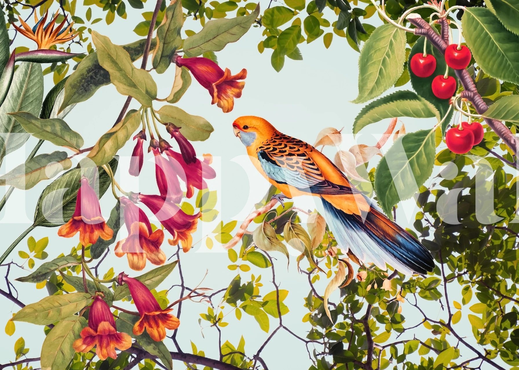 Parakeet among vibrant flowers and leaves
