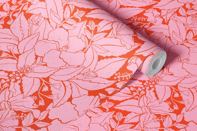 Hibiscus Damask Pattern Redwallpaper roll
