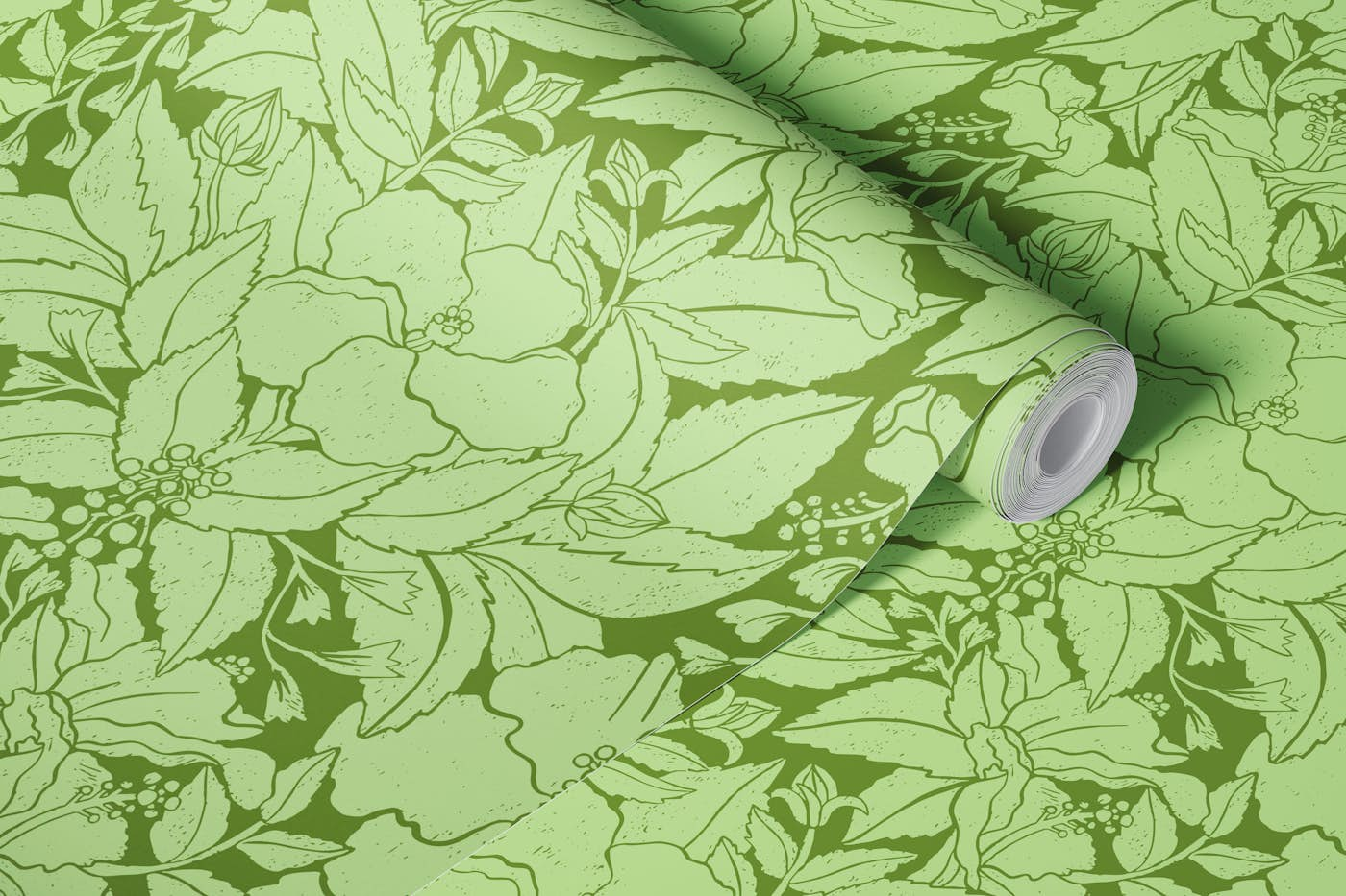 Hibiscus Damask Green wallpaper roll