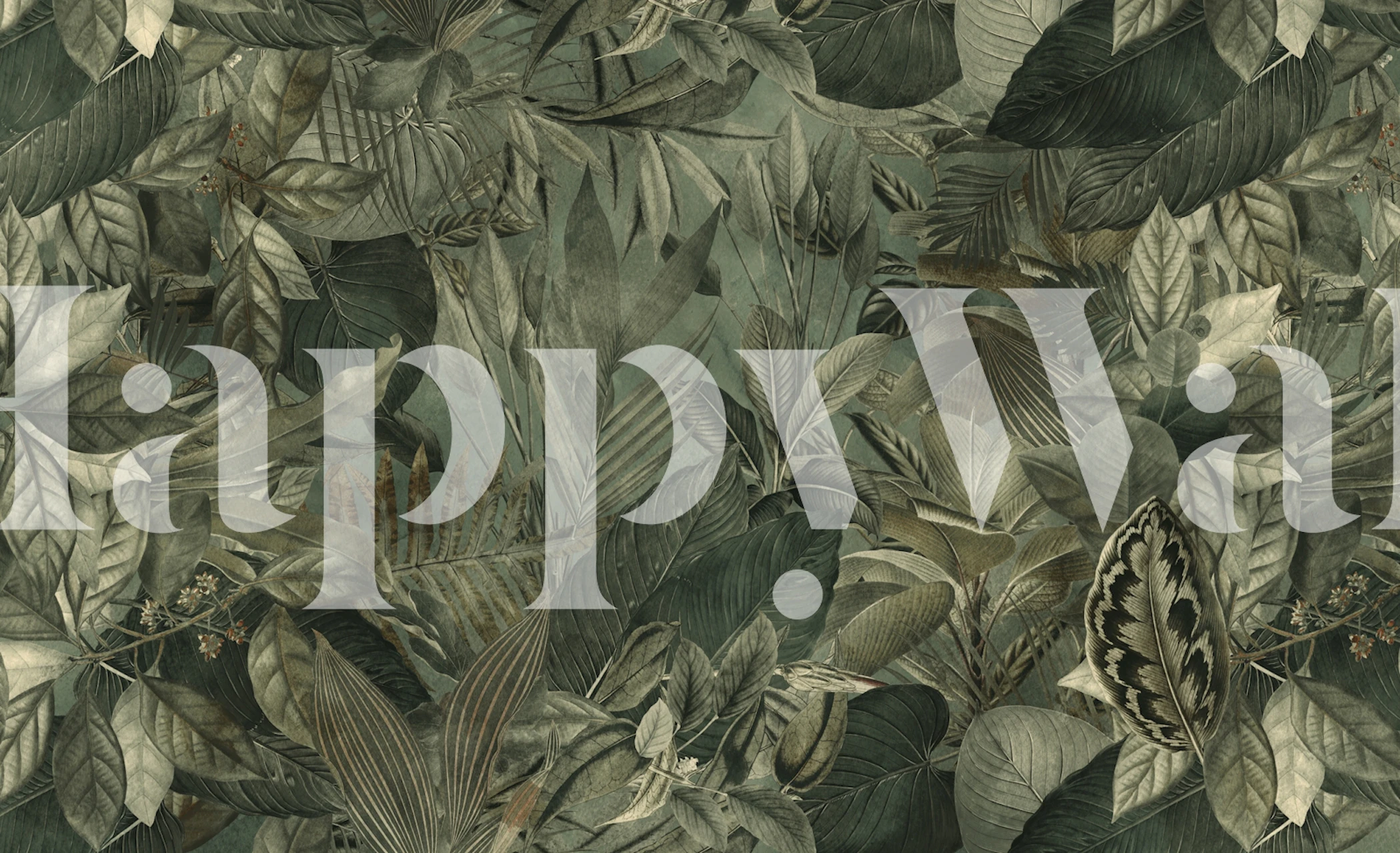 Tropical jungle-themed mural showcasing olive green foliage and botanical elements.