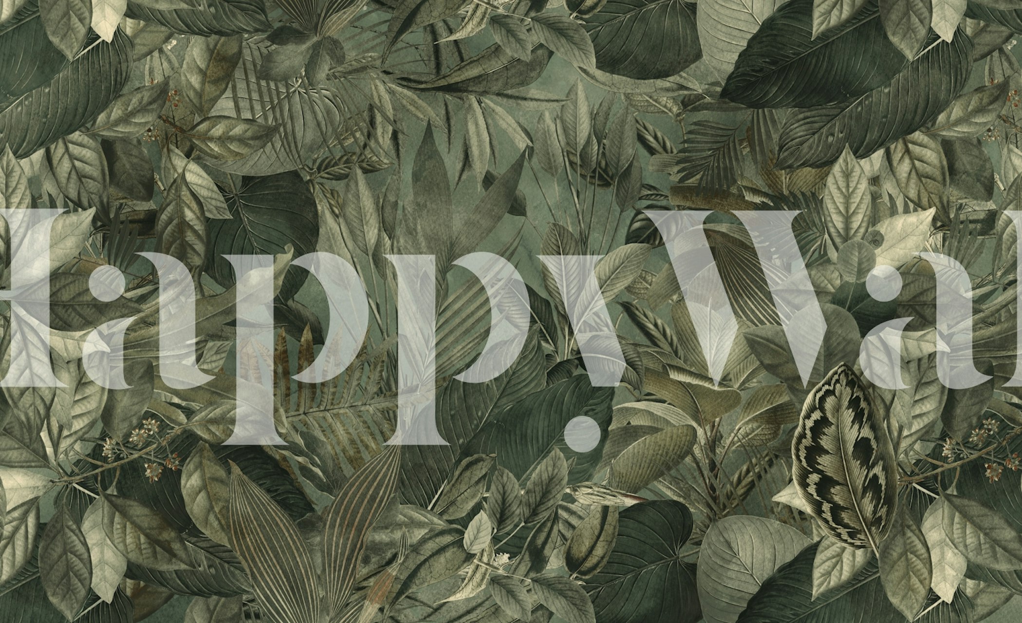 Tropical jungle-themed mural showcasing olive green foliage and botanical elements.