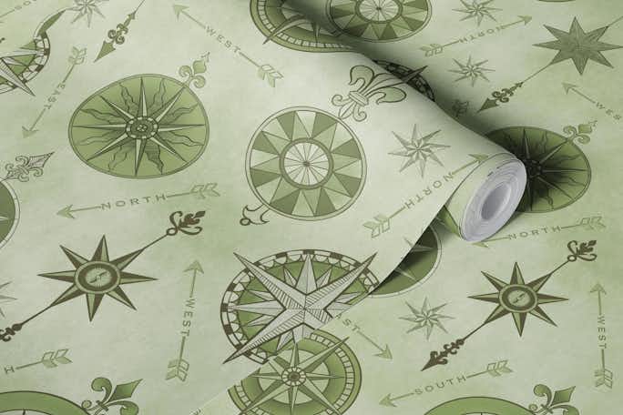 Explore The World Vintage Compass Pattern Greenwallpaper roll
