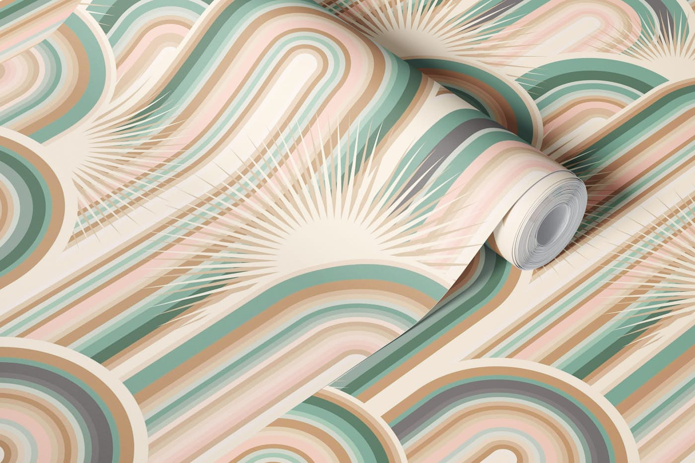 Deco Desert Rainbow Cactus • WALLPAPER 1. Teal, camel and pink wallpaper roll