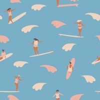 SURFERS AND WAVES in blue wallpaper