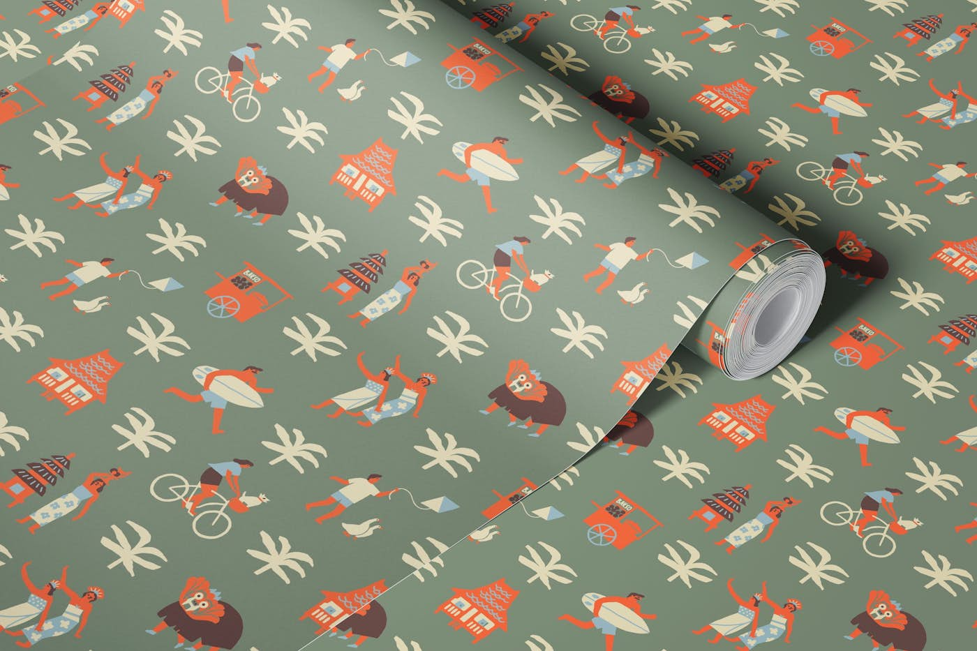 Bali dreams in olive green wallpaper roll