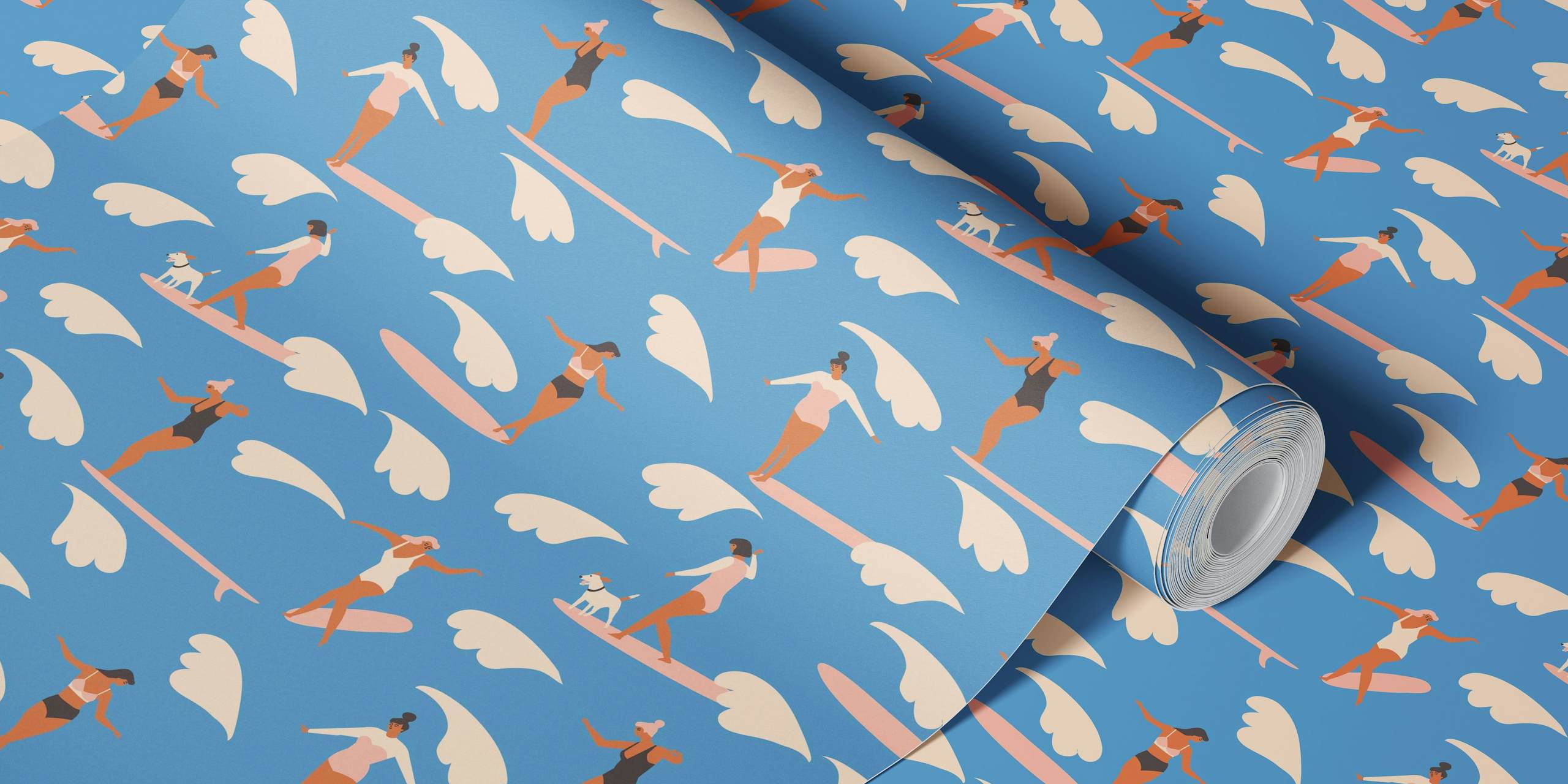 Blue background with surfing girls and waves wallpaper