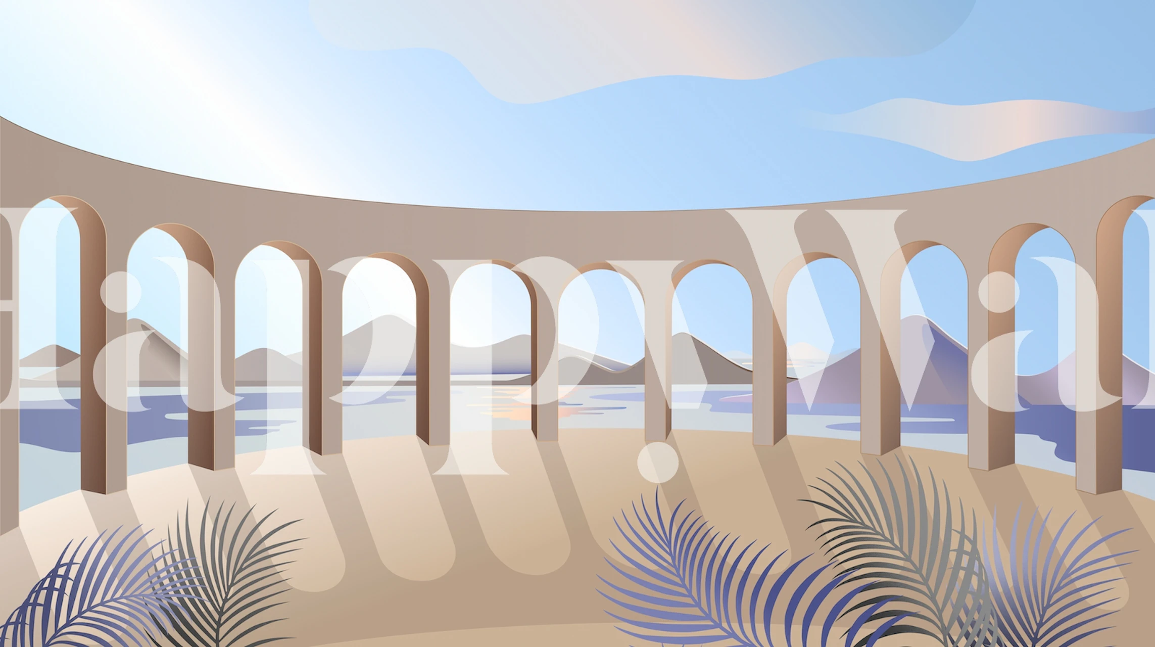 Coastal landscape with architectural arches and water hues wallpaper