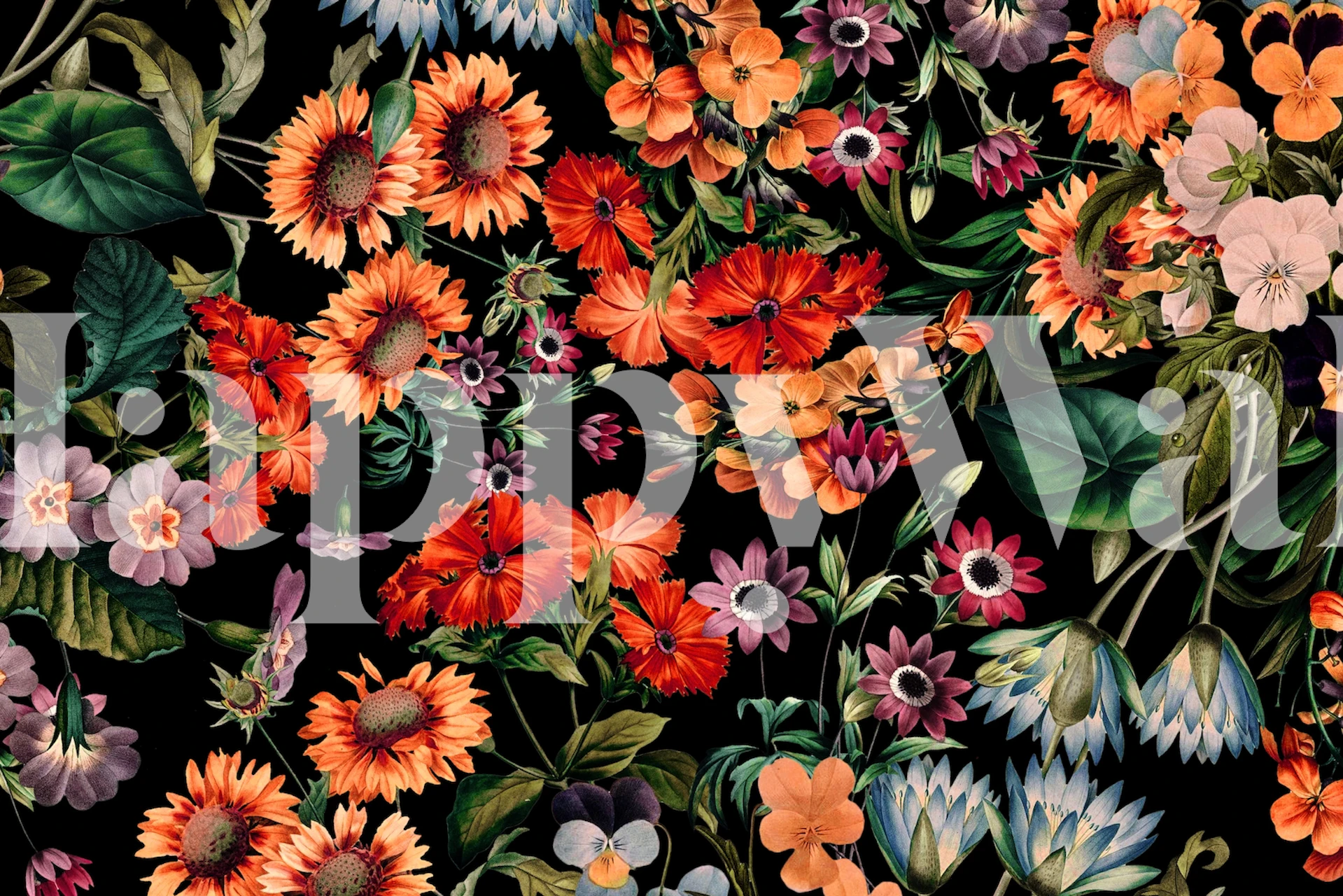 Nachtelijke bloempatronen op de Glow in the Dark Botanicals II muurschildering