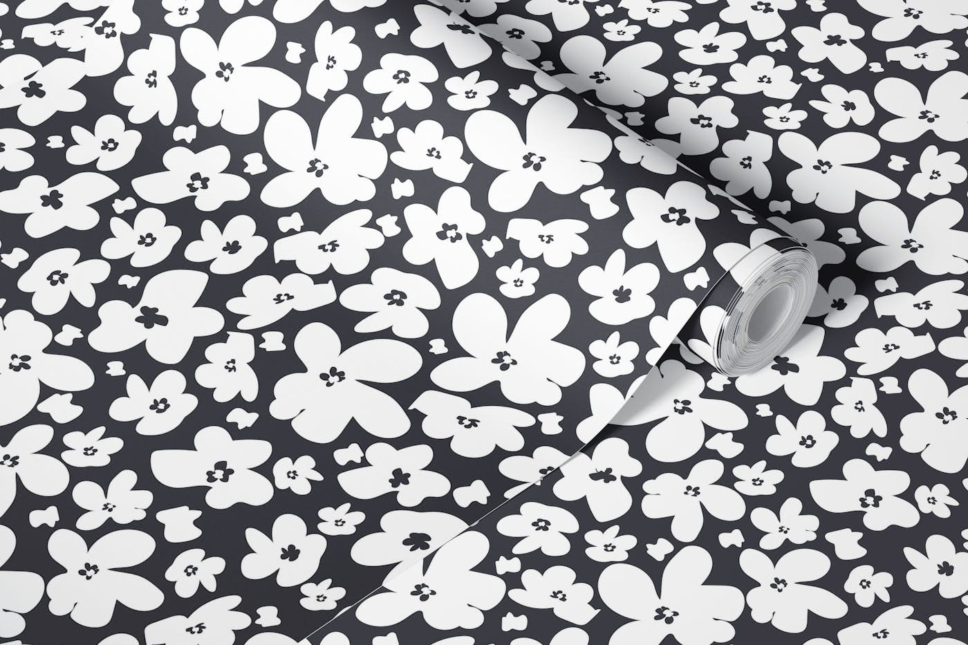 Simple black white flower field wallpaper roll