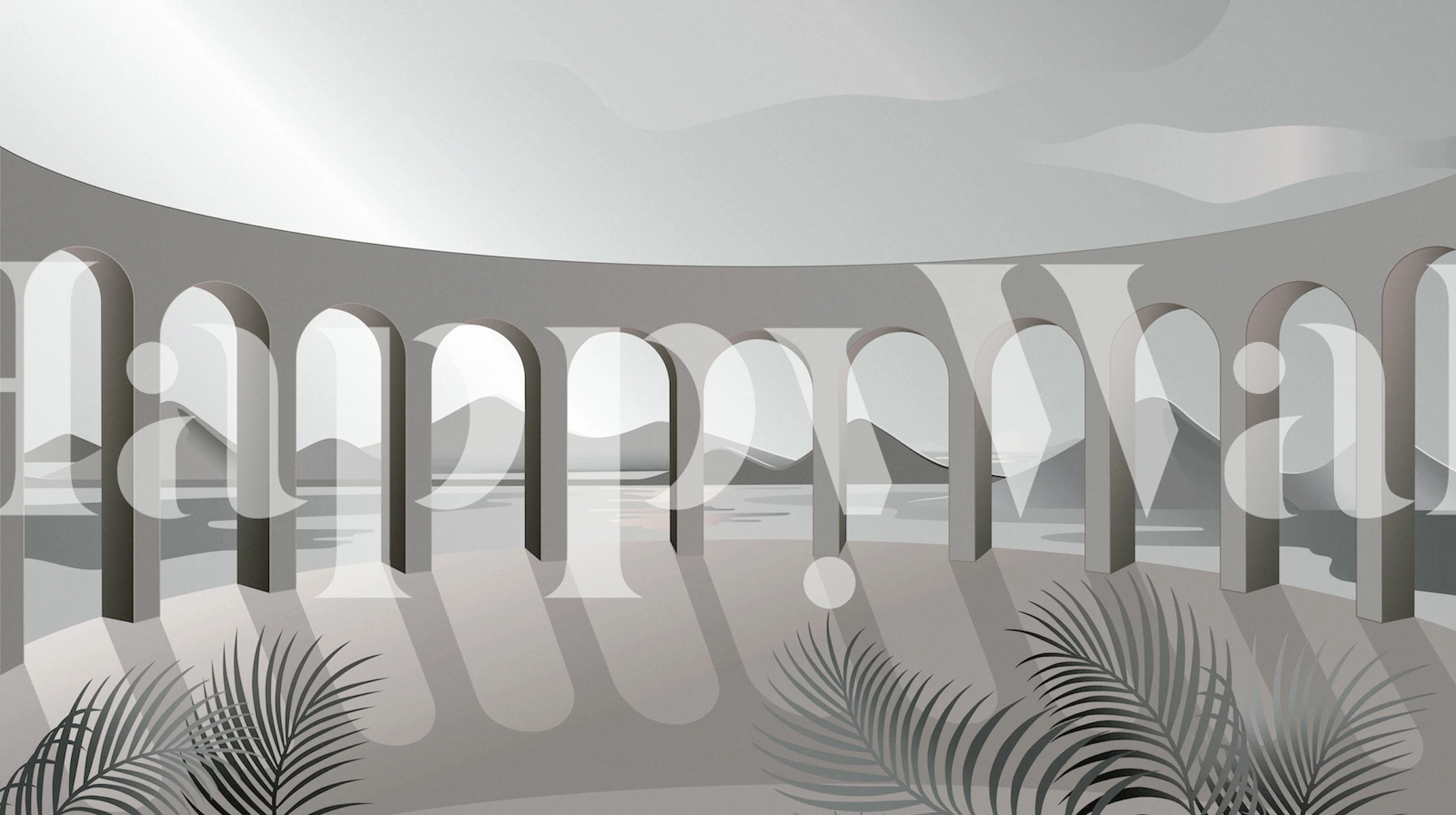 Gray architectural wallpaper featuring arches and mountains