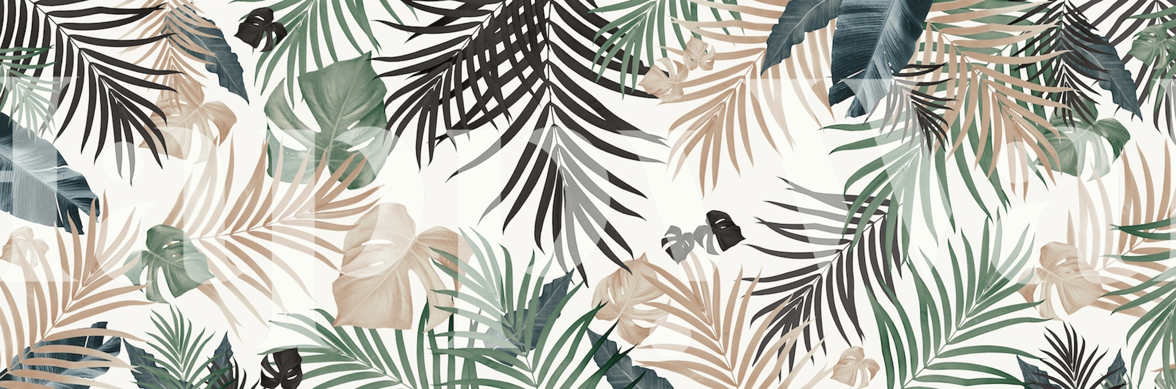 Tropical leaf patterns in green and beige tones on a light background wallpaper