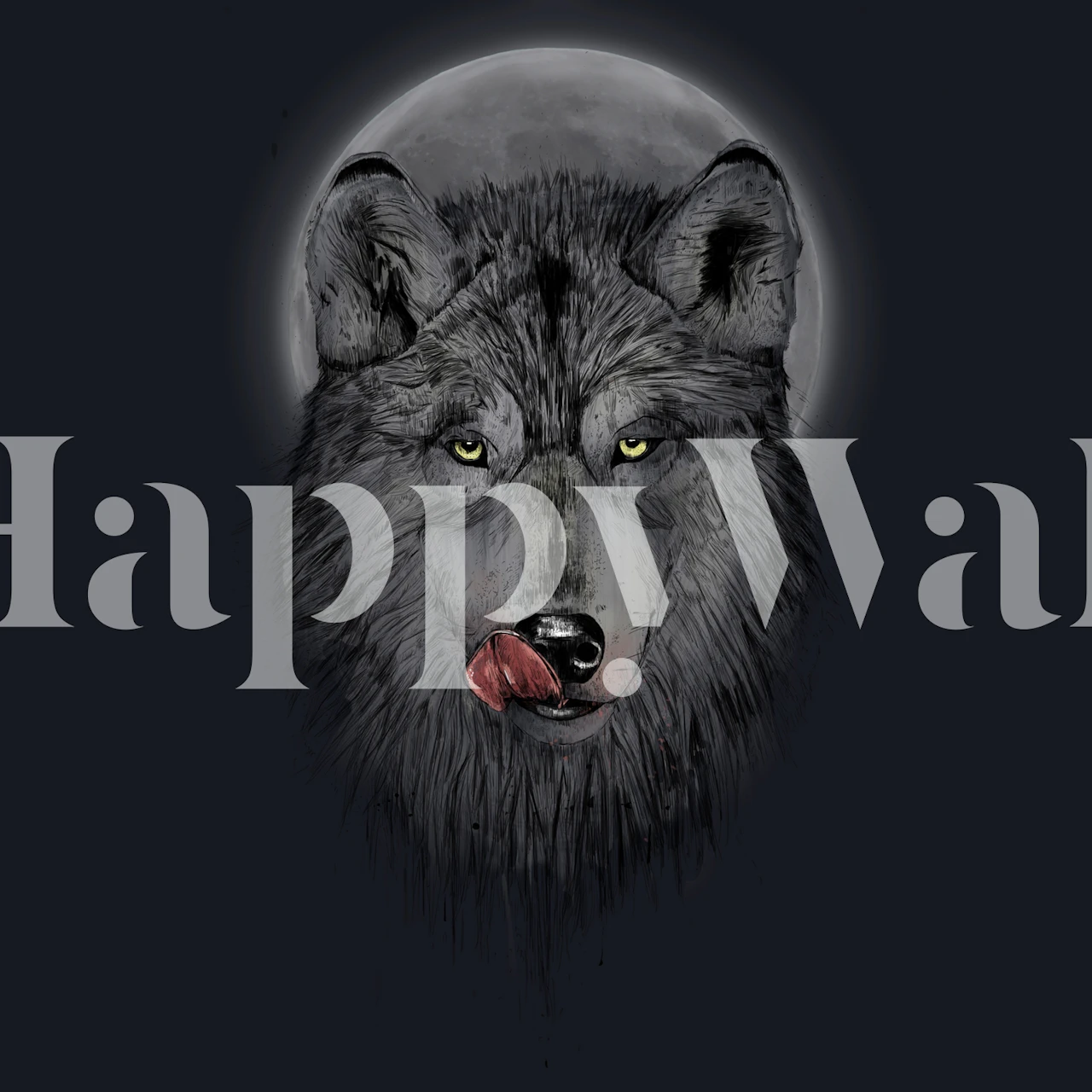 Dark gray wolf head with bright yellow eyes and moon wallpaper