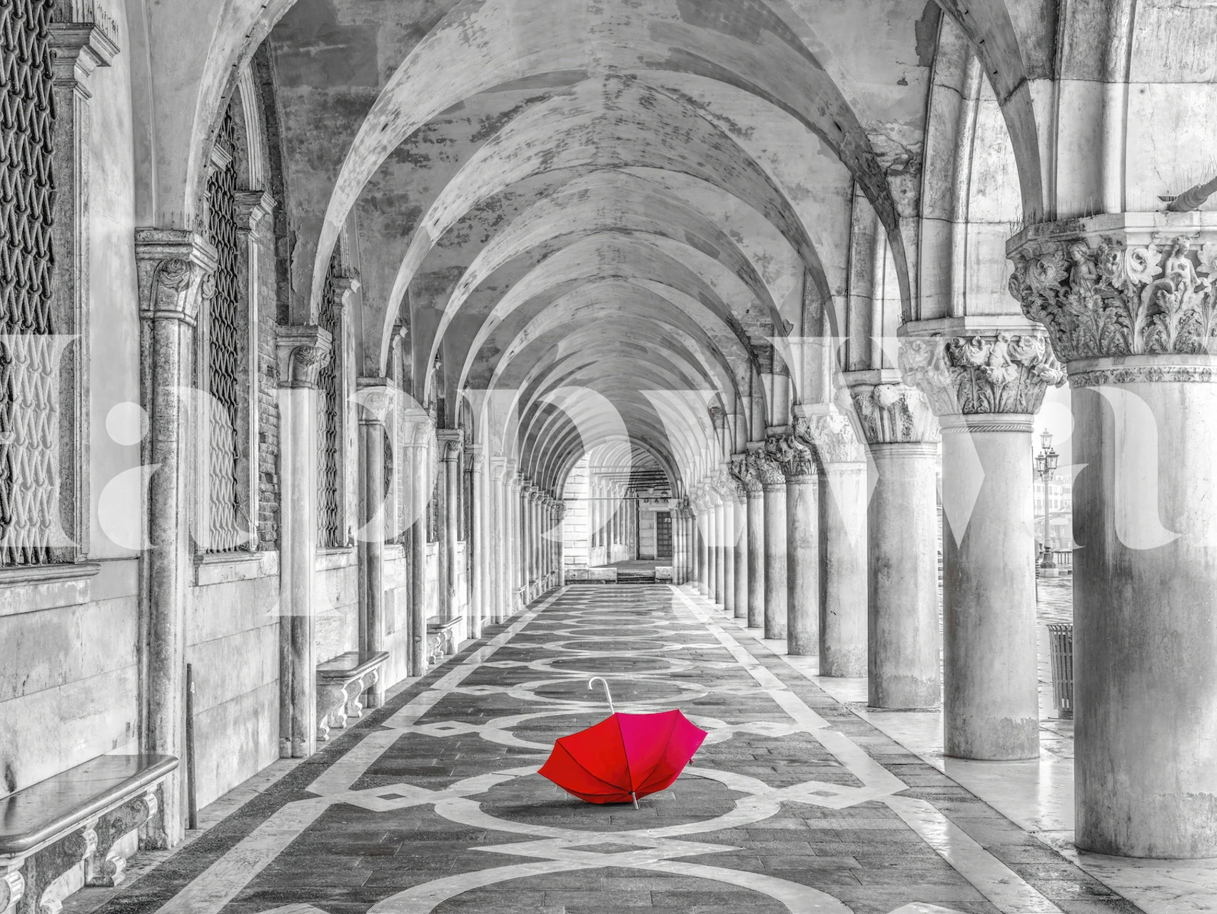 Venetian Elegance wallpaper with red umbrella