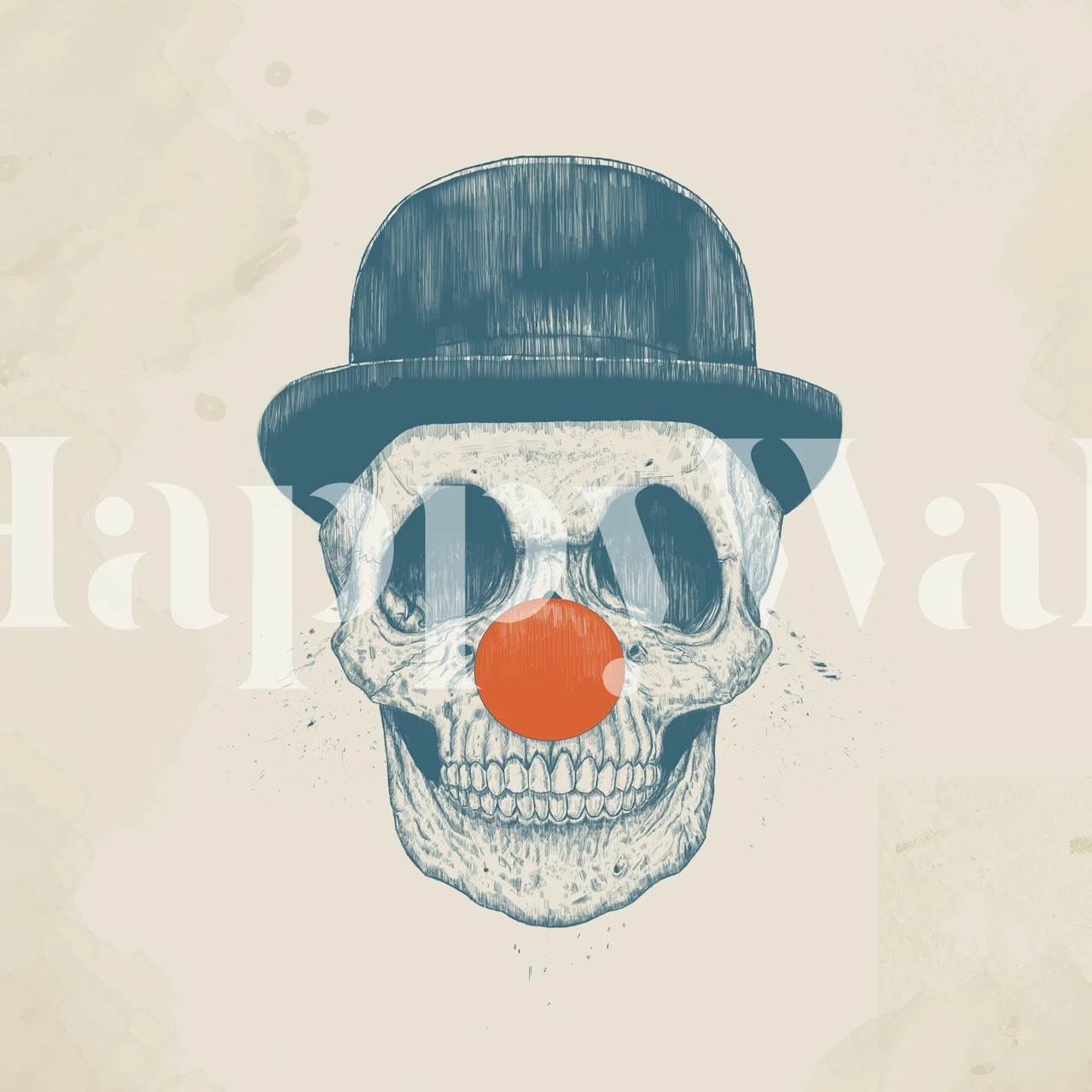 Skull clown with a red nose and black hat on light background wallpaper