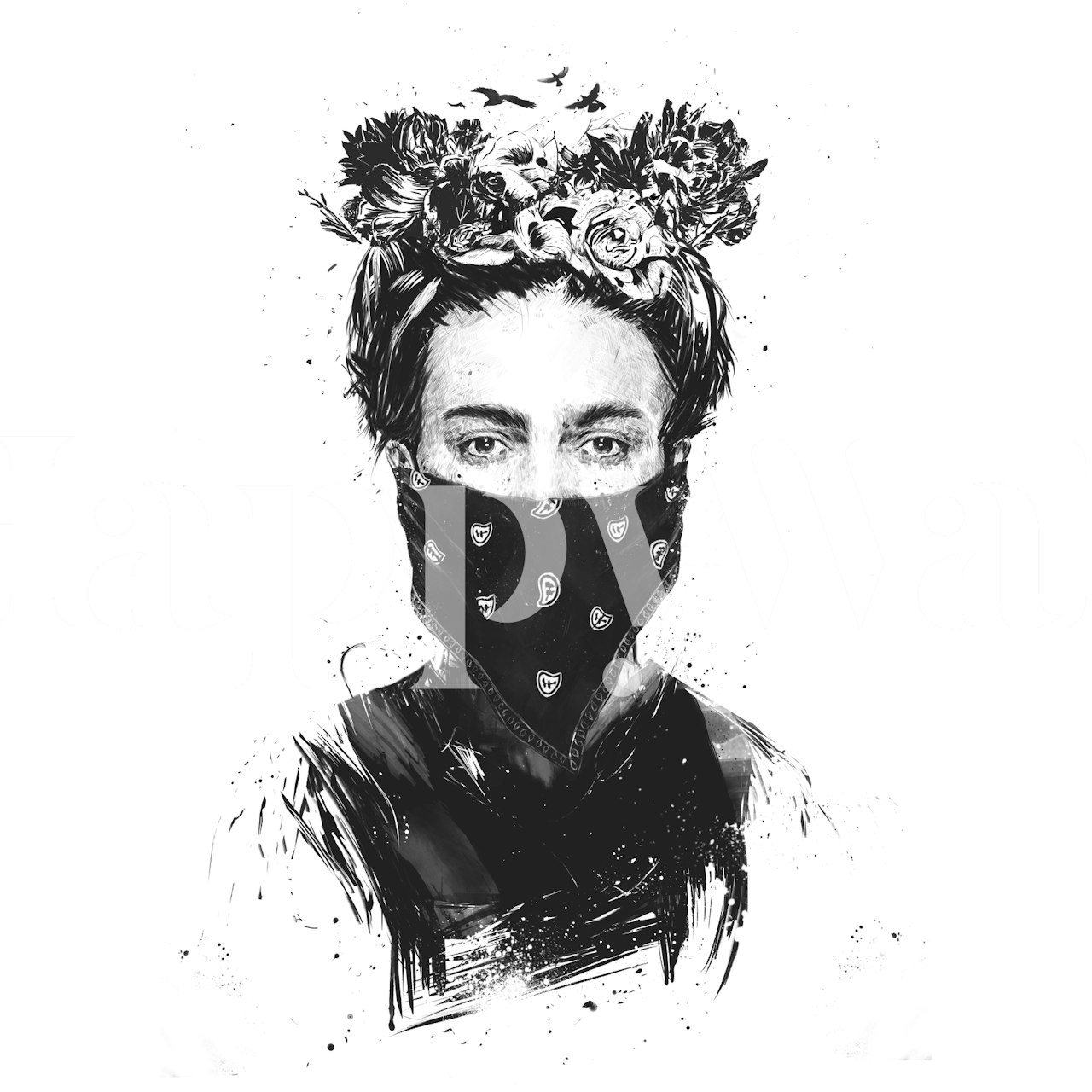 Black and white wall mural of a girl with a flower crown and a patterned scarf over her face