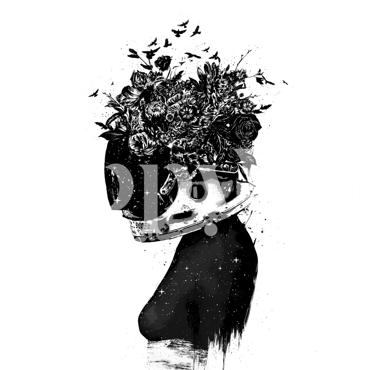 Zwart-witte astronautenmeisjesmuurschildering met bloemenkosmos die uit de helm tevoorschijn komt
