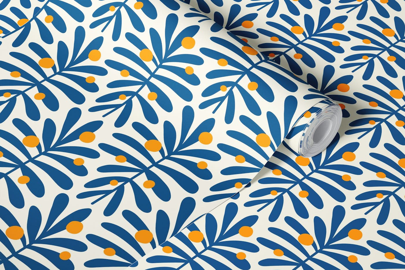 2867 C - abstract leaves pattern, blue yellow wallpaper roll