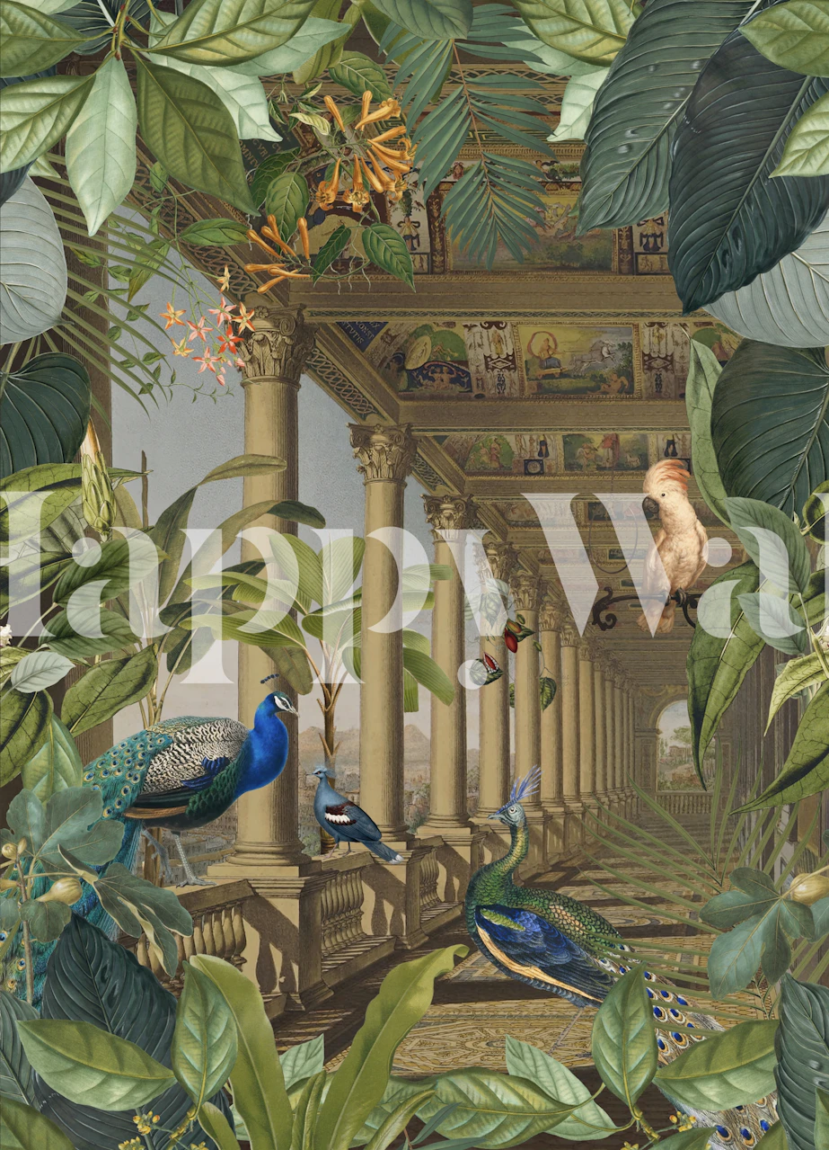 Exotic jungle and peacock-themed wall mural with antique architecture