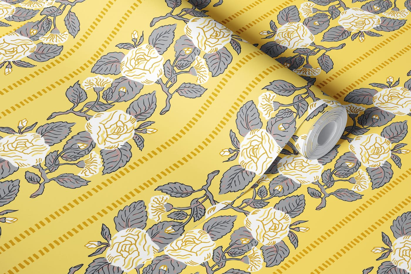 White rose yellow ticking wallpaper roll